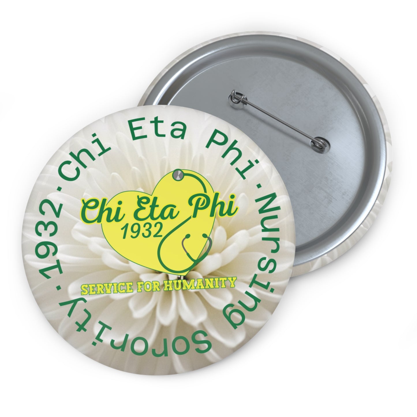 Chi Eta Phi Heart Button White Chrysanthemum