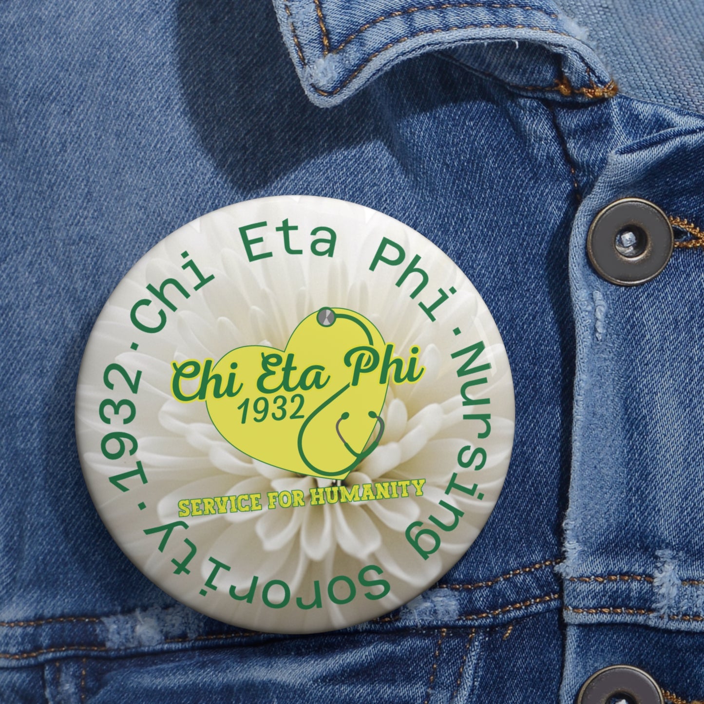 Chi Eta Phi Heart Button White Chrysanthemum