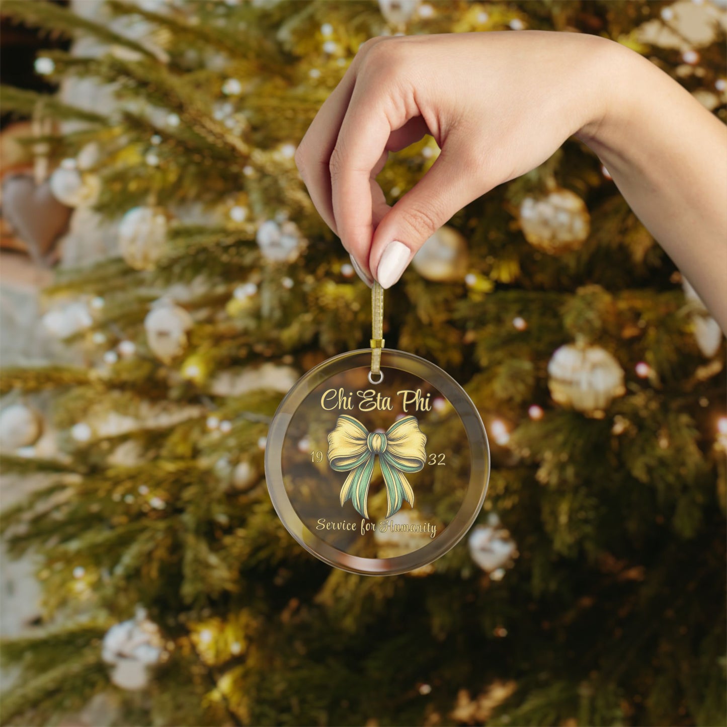 Chi Yellow and Green Bow Glass Ornament