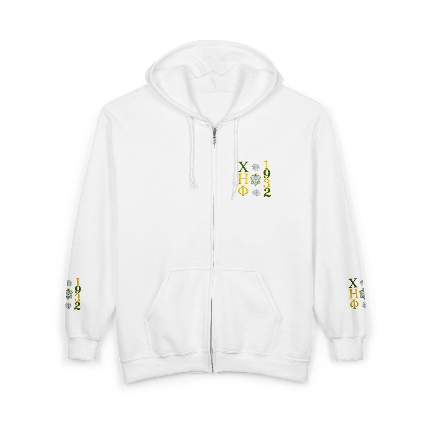 Greek Letters 1932 Zip Hoodie — Small Crest Pocket & Sleeve Embroidered Design
