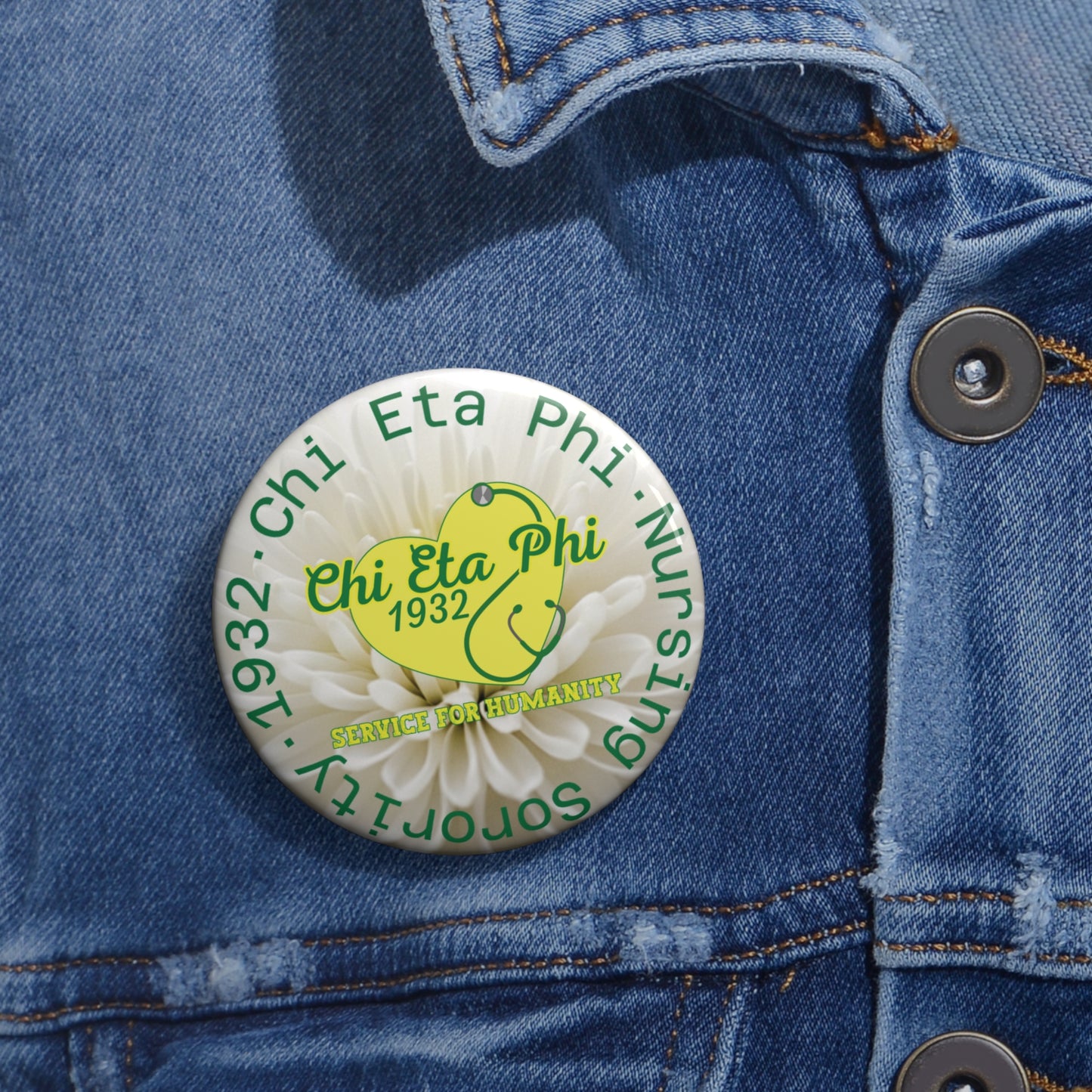 Chi Eta Phi Heart Button White Chrysanthemum