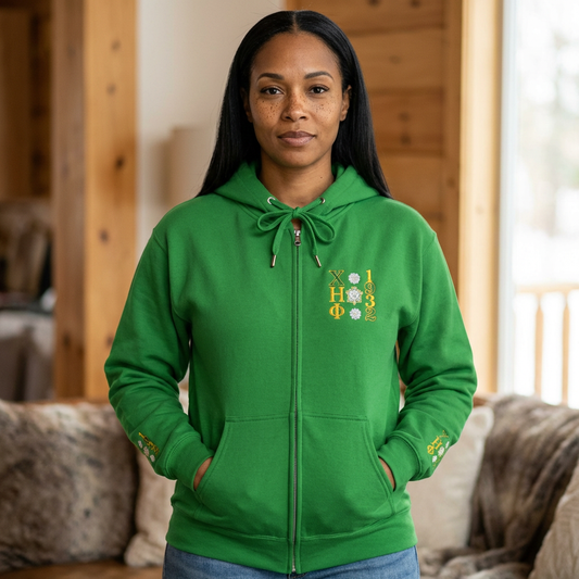 Greek Letters 1932 Zip Hoodie — Small Crest Pocket & Sleeve Embroidered Design