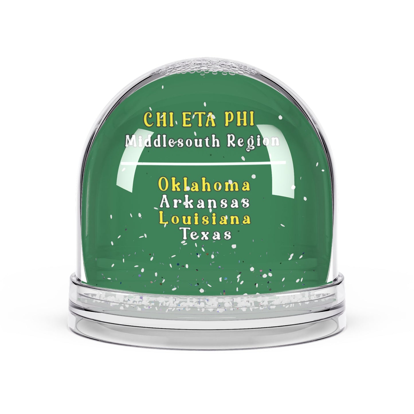 Green snow globe with text on a white background