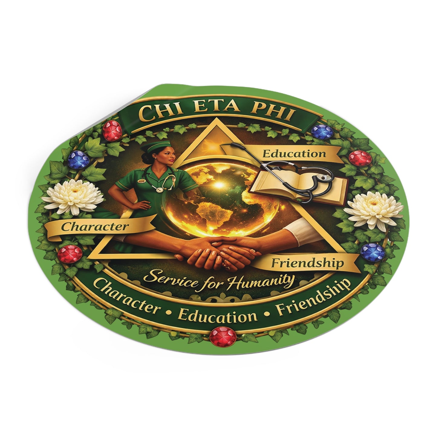 Chi Eta Phi Round Vinyl Sticker — Service for Humanity Nursing Society Emblem