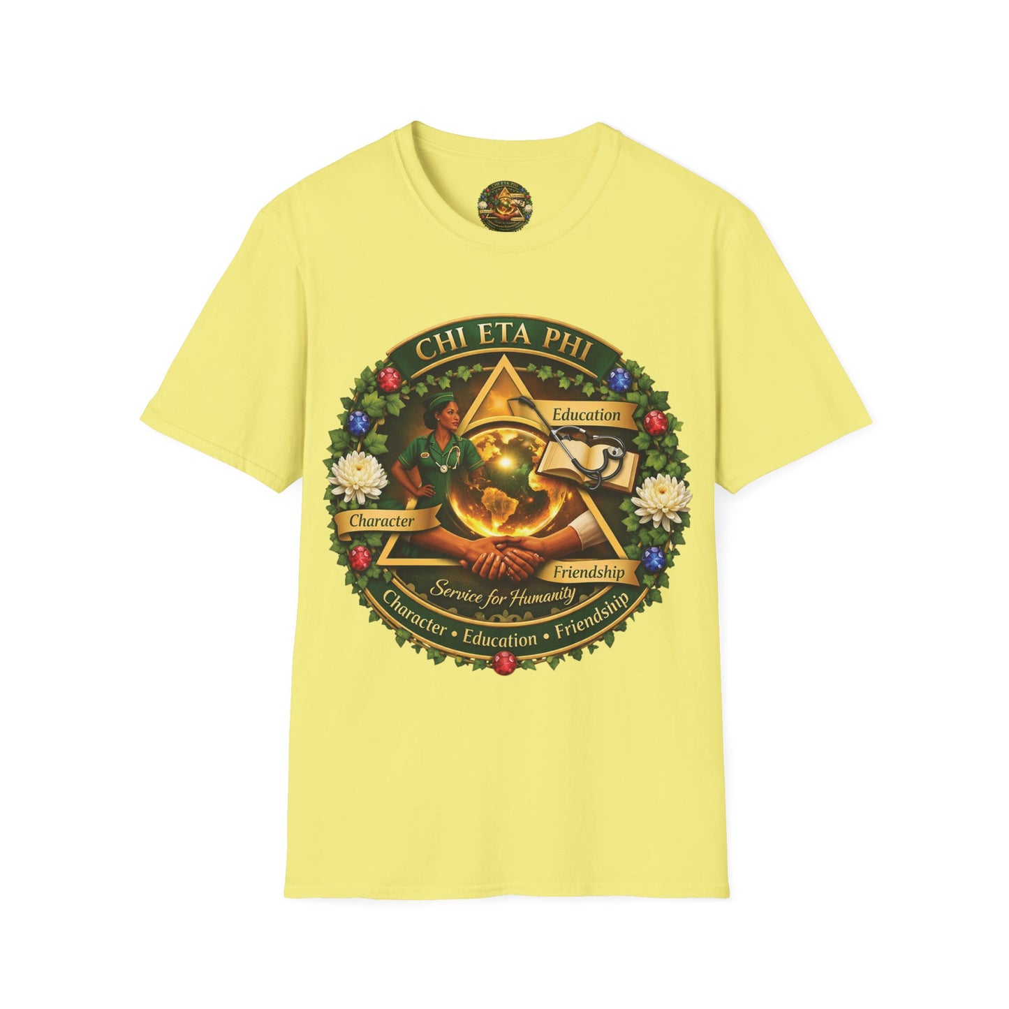 Chi Eta Phi Nursing Sorority Crest T-Shirt — Character, Education, Friendship Tee