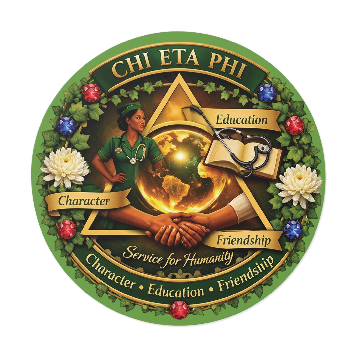 Chi Eta Phi Round Vinyl Sticker — Service for Humanity Nursing Society Emblem